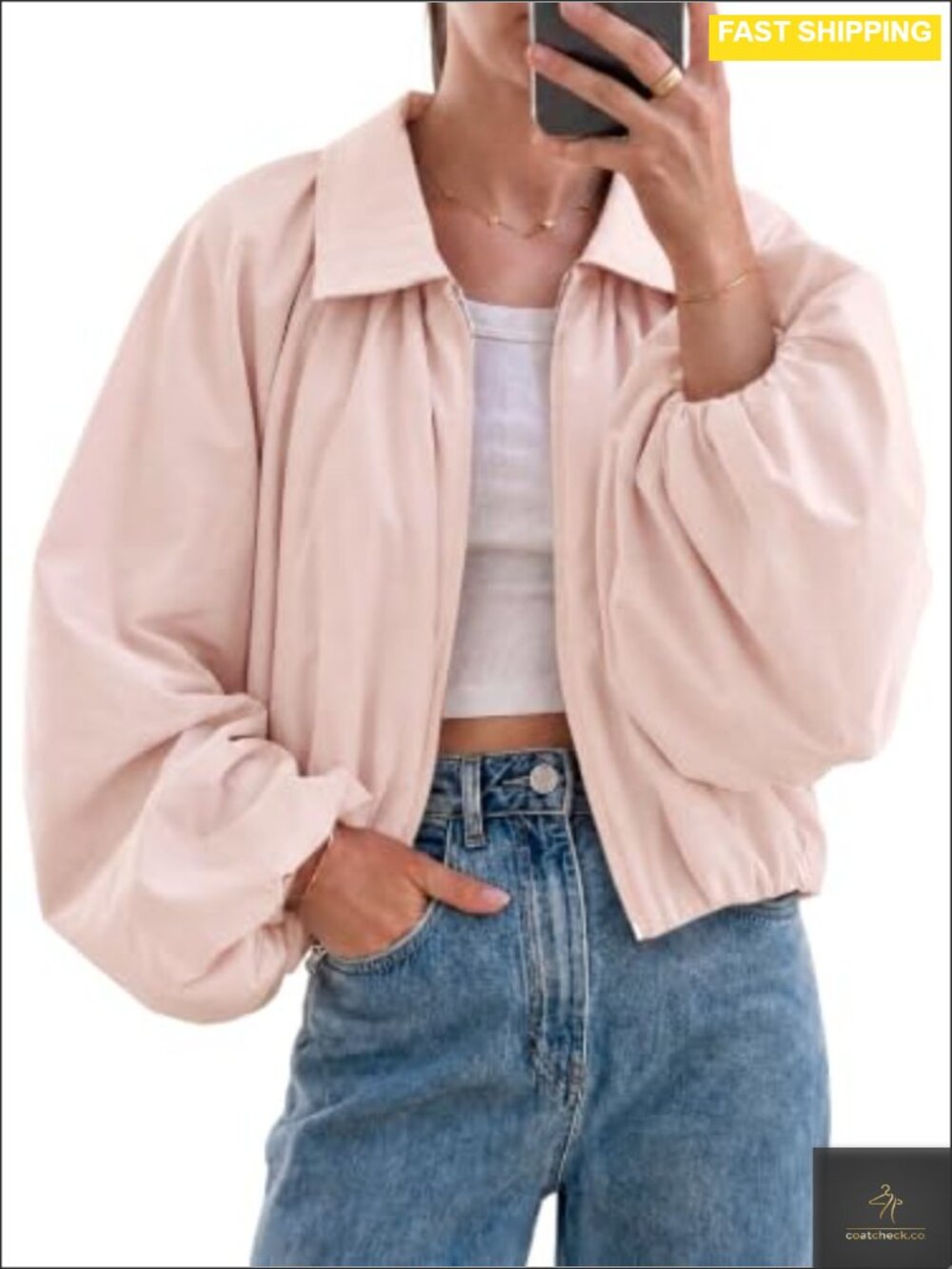 Womens Cropped Bomber Jacket Zip Up Bubble Hem Oversized Casual